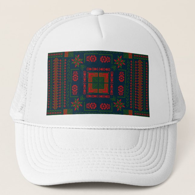Palestinian Embroidery Tatreez red green 5 Pattern Trucker Hat (Front)