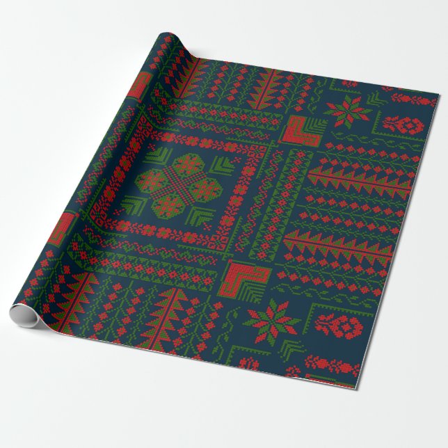 Palestinian Embroidery Tatreez red green 5 Pattern Wrapping Paper (Unrolled)