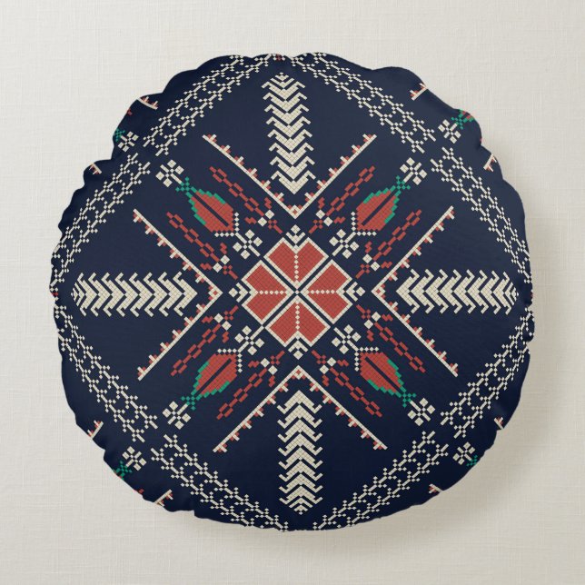 Palestinian Embroidery: Traditional Pattern Design Round Cushion (Front)