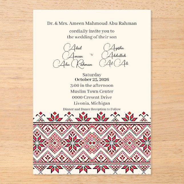 Palestinian Tatreez 2 Acrylic Wed. Invitation (Front)