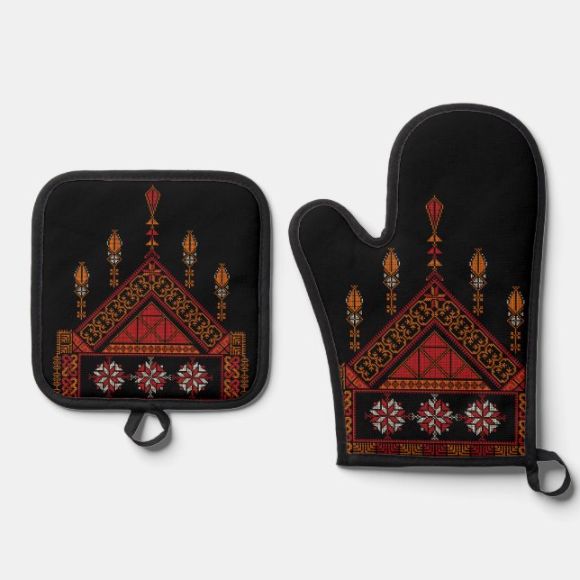 Palestinian Tatreez  Embroidery | palestine Art Oven Mitt & Pot Holder Set (Front)
