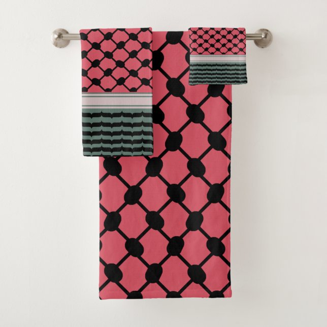 Palestinian watermelon Hatta Keffiyeh Kufiya Folk Bath Towel Set (Insitu)
