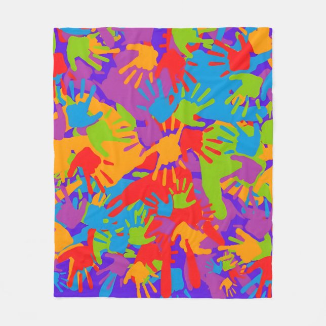 "Palette of Imprints: Exploring Colourful Handprin Fleece Blanket (Front)
