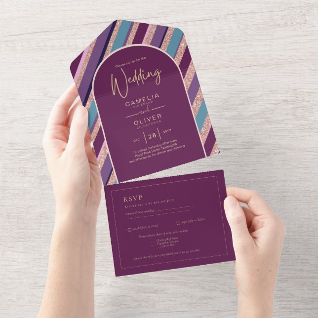 Palette Plum Purple Turquoise Rose Gold Wedding All In One Invitation (Tearaway)