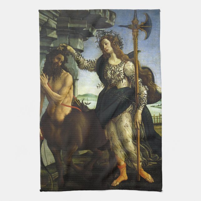 Pallas (Minerva) and Centaur by Sandro Botticelli Tea Towel (Vertical)