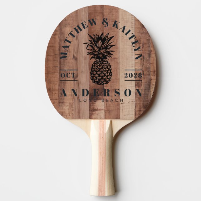 Pallet Wood Board Tropical Pineapple Wedding Crest Ping Pong Paddle (Back)