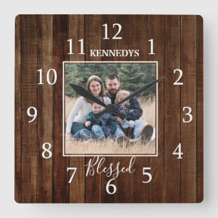 Pallet Wood Family Name Photo Blessed Farmhouse Square Wall Clock