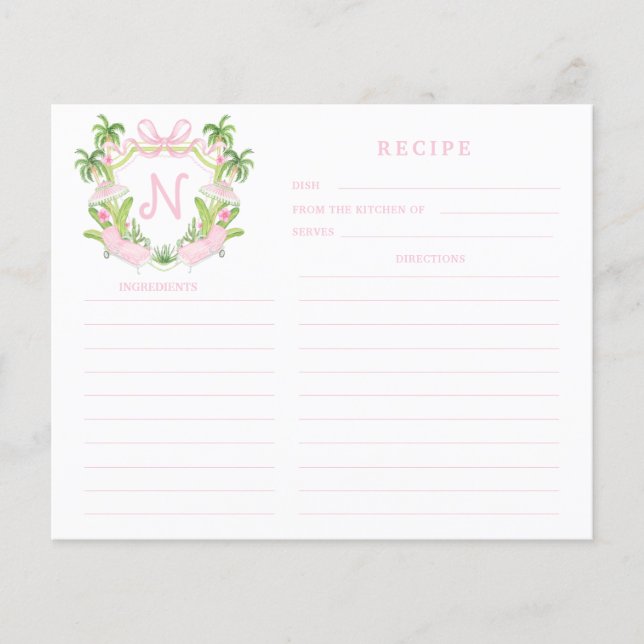 Palm Beach Cabana Crest Monogram  Recipe Card (Front)