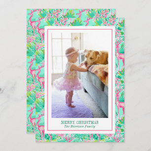Palm Beach Christmas Pink & Green Reindeer Photo Holiday Card