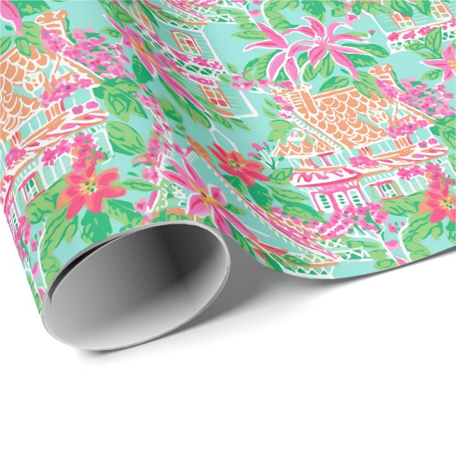 Palm Beach Christmas Watercolor Gingerbread Houses Wrapping Paper (Roll Corner)