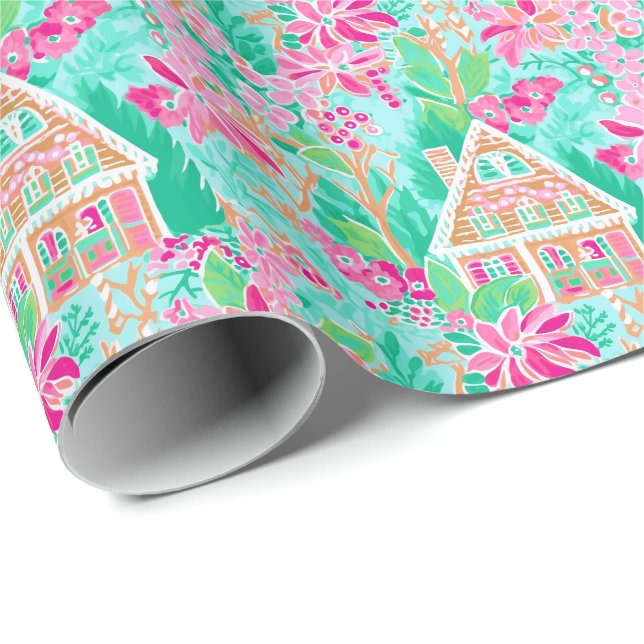 Palm Beach Christmas Watercolor Gingerbread Houses Wrapping Paper (Roll Corner)