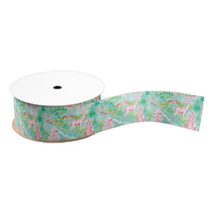 Palm Beach Christmas Watercolor Pink & Green Deer Grosgrain Ribbon