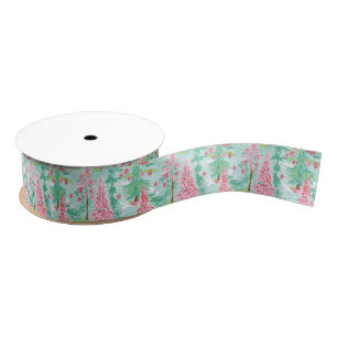 Palm Beach Christmas Watercolor Pink & Green Trees Grosgrain Ribbon