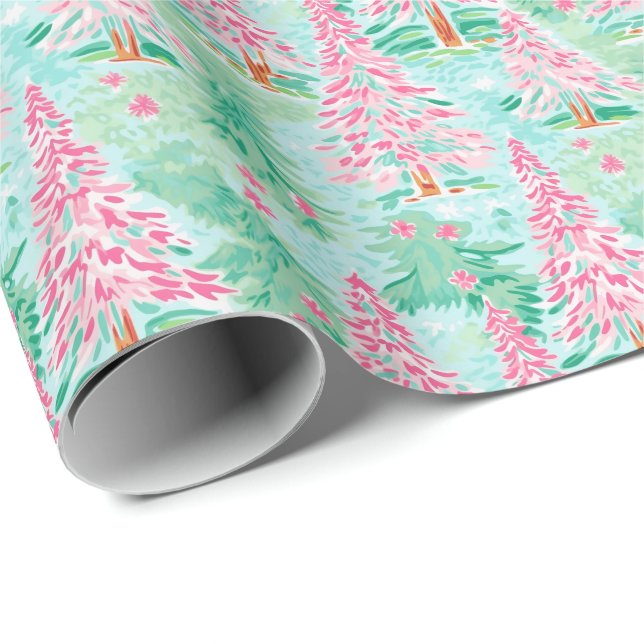 Palm Beach Christmas Watercolor Pink & Green Trees Wrapping Paper (Roll Corner)