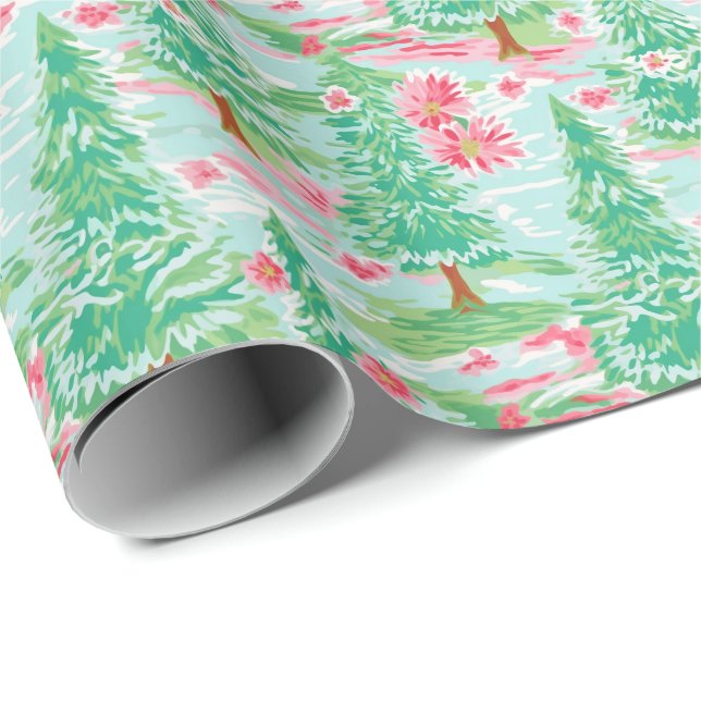 Palm Beach Christmas Watercolor Pink & Green Trees Wrapping Paper (Roll Corner)
