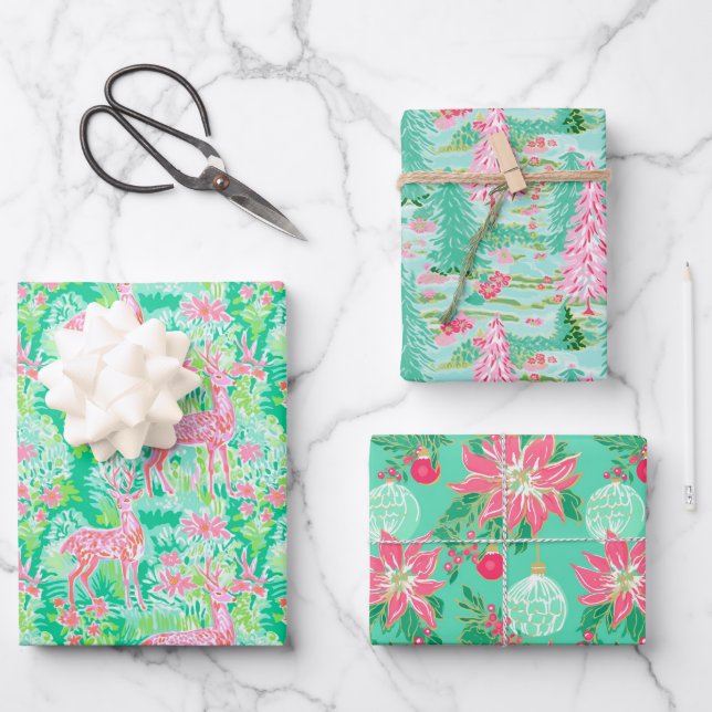 Palm Beach Christmas Watercolor Pink & Green Wrapping Paper Sheet (Front)