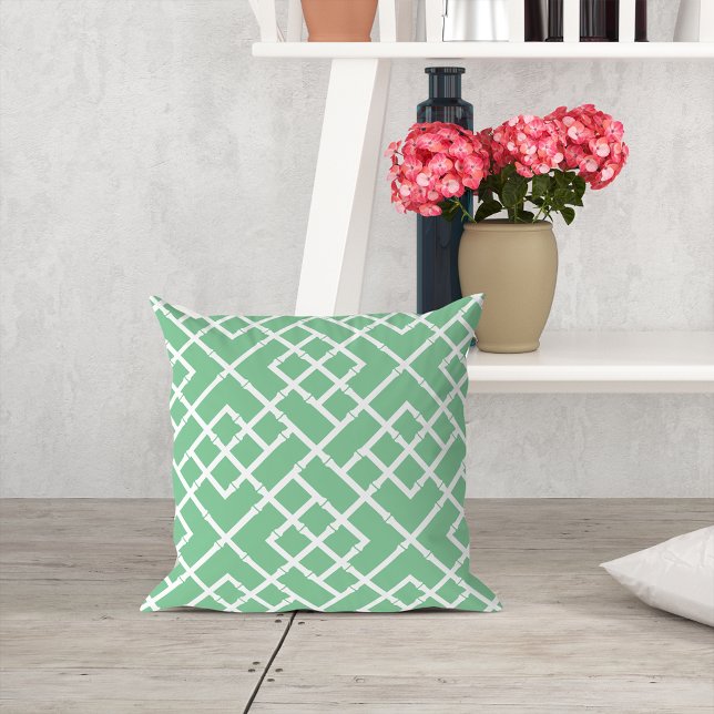 Palm Beach Green Geometric Bamboo Lattice Pattern Cushion (Creator Uploaded)