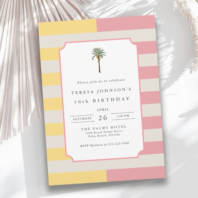 Palm Beach Pastel Stripe Tropical 30th Birthday Invitation (Available in both printed and instant download digital formats.)