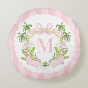 Palm Beach Pink Loungers Monogram Crest Round Cushion