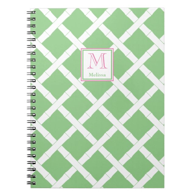 Palm Beach Preppy Green And Pink Bamboo Trellis Notebook (Front)