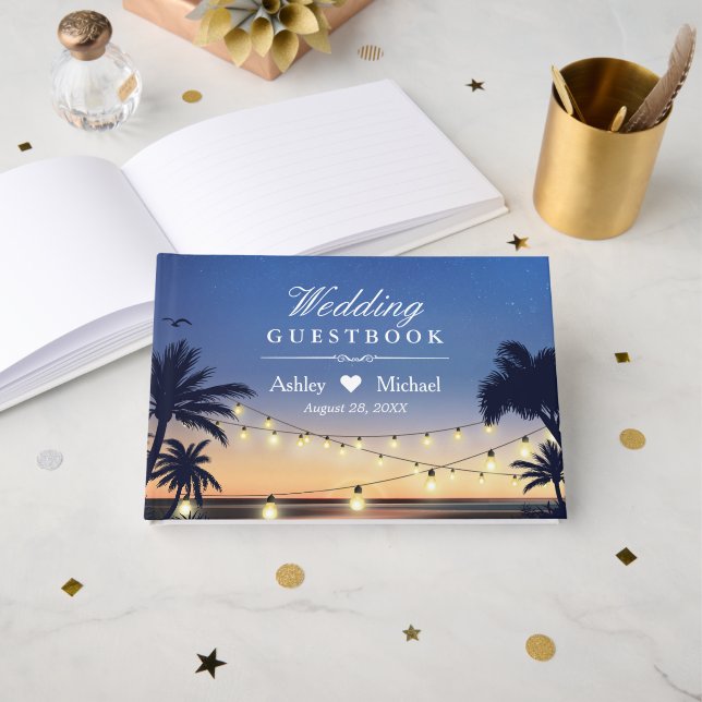 Palm Beach String Lights Destination Wedding Guest Book (Front Open)