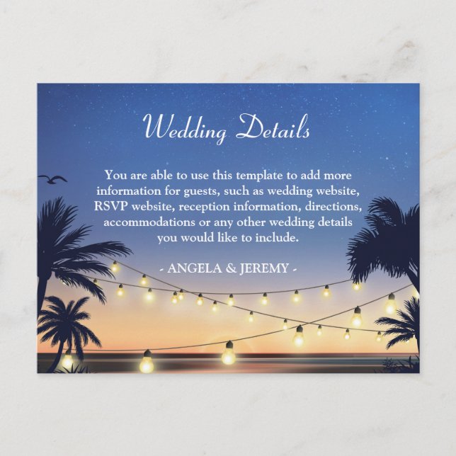 Palm Beach String Lights Wedding Details Enclosure Invitation Postcard (Front)