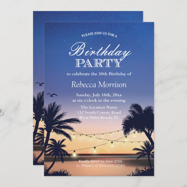 Palm Beach Sunset String Lights Birthday Party Invitation (Front/Back)