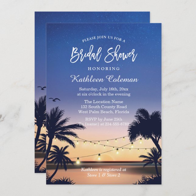 Palm Beach Sunset String Lights Bridal Shower Invitation (Front/Back)