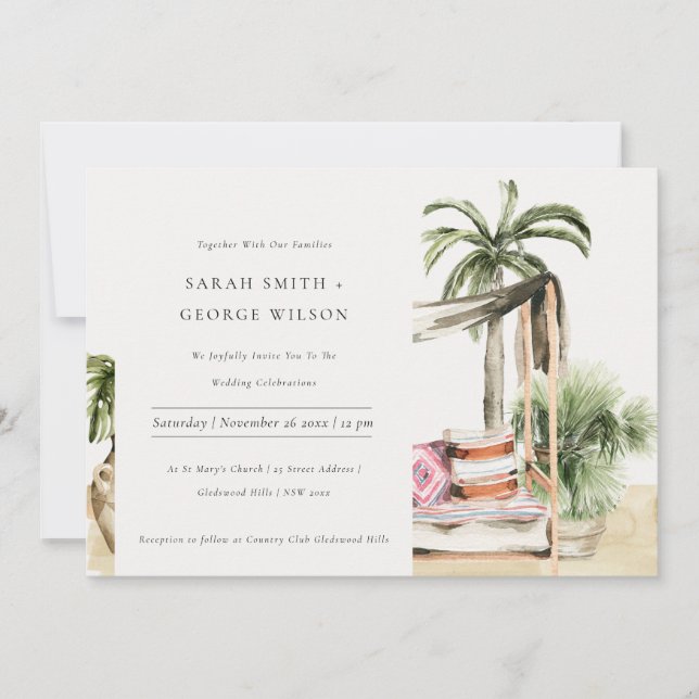 Palm Beach Tropical Palm Cabana Wedding Invite (Front)