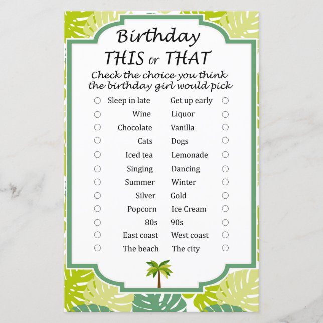 Palm Birthday this or that game (Front)