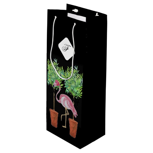 Palm Black Pink Flamingo Flamingos  Wine Bag (Front Angled)