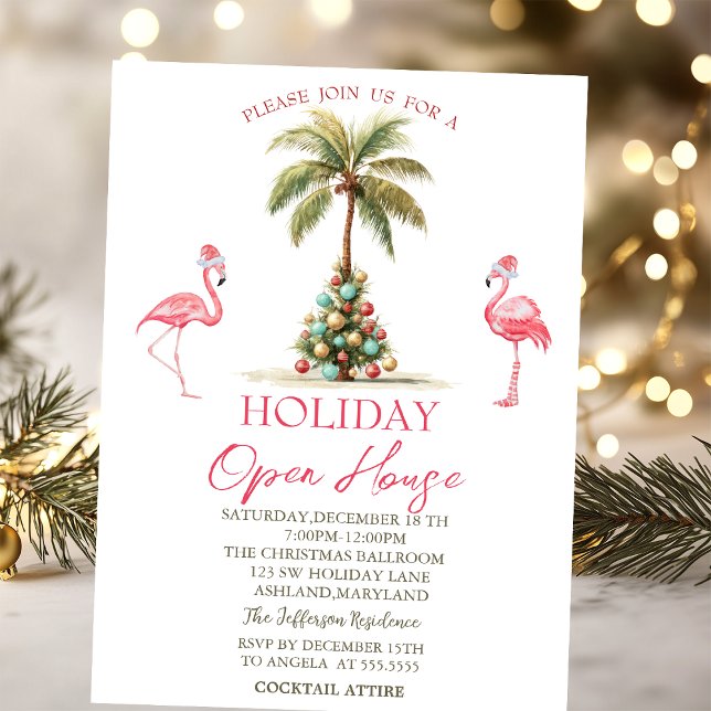 Palm Christmas Balls Flamingos Holiday Open House  Invitation (Creator Uploaded)