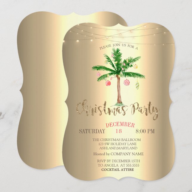 Palm Christmas Balls,String Lights Gold  Invitation (Front/Back)