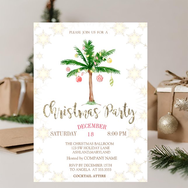 Palm Christmas Tree Snowflakes Company Party Invitation (Creator Uploaded)