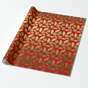 Palm Hawaii Leafs Emerald Green Red Gold Wrapping Paper