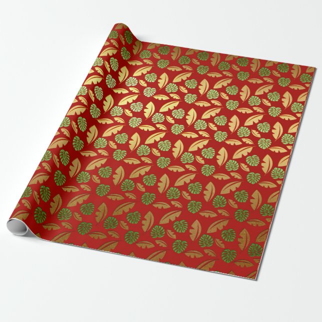 Palm Hawaii Leafs Emerald Green Red Gold Wrapping Paper (Unrolled)