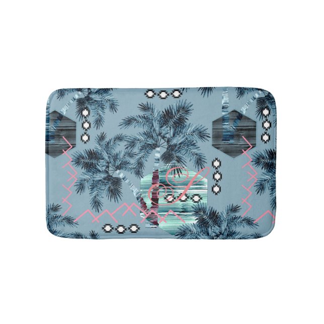Palm Hawaiian blue black monogram personalised Bath Mat (Front)