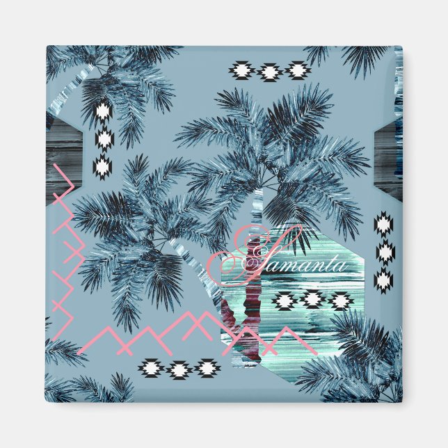 Palm Hawaiian blue black monogram personalised Magnet (Front)