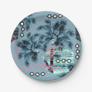 Palm Hawaiian blue black monogram personalised Paper Plate