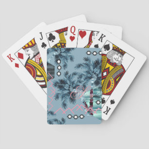 Palm Hawaiian blue black monogram personalised Playing Cards
