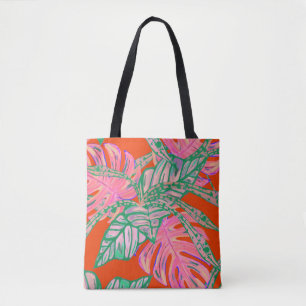 Palm leaf and coleus tropical fire tote bag