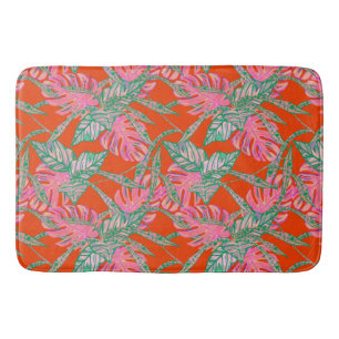 Palm leaf and coleus tropical red pink green bath mat