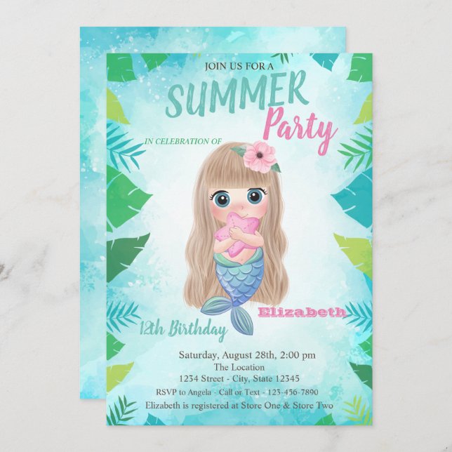 Palm Leaf,Baby Mermaid Birthday Party Invitation (Front/Back)
