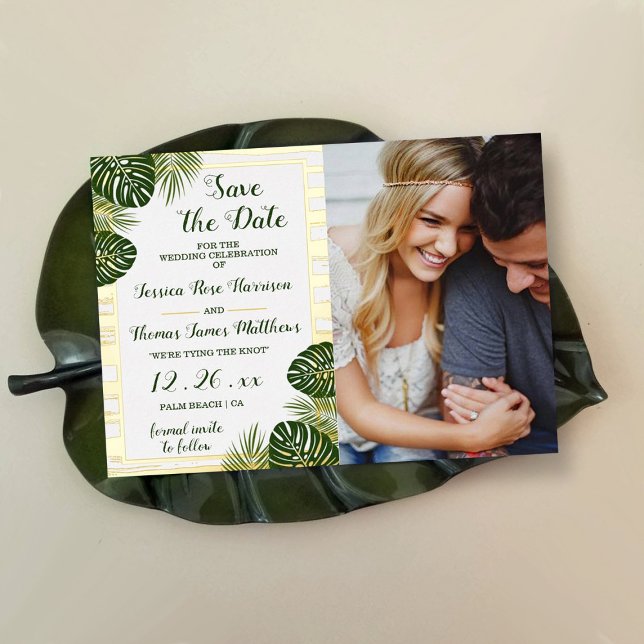 Palm Leaf Beach Wedding Photo Save the Date Card (Creator Uploaded)