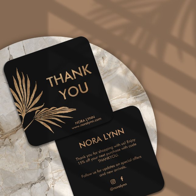 Palm Leaf Black and Gold Thank You  Square Business Card (golden palm business card)