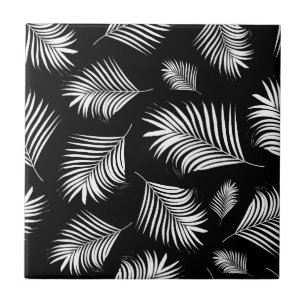 Palm Leaf Black White Tropical Pattern Ceramic Tile