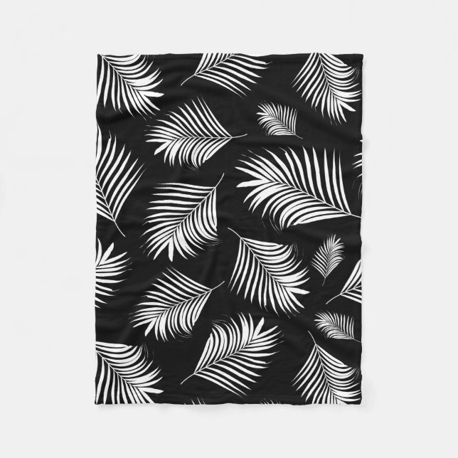 Palm Leaf Black White Tropical Pattern Fleece Blanket (Front)