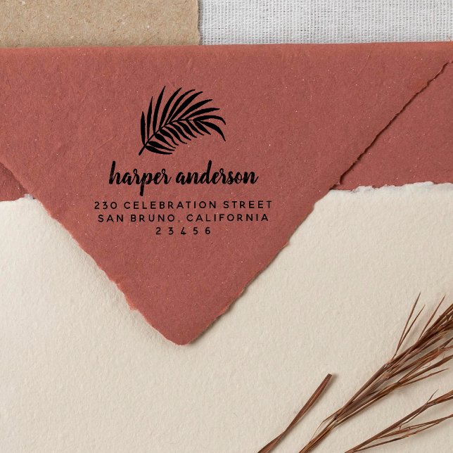Palm Leaf & Brush Calligraphy Name Return Address Rubber Stamp (Stamp Mock-up)