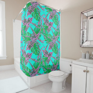 Palm leaf coleus tropical  blue pink green  shower curtain