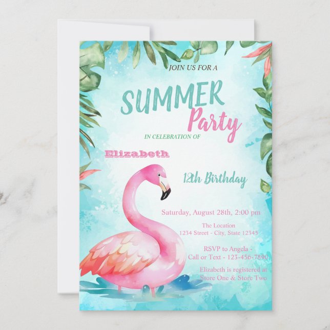 Palm Leaf,Cute Flamingos Birthday Party   Invitation (Front)